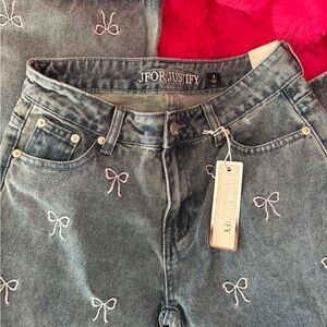 J For Justify Women's Blue Jeans with Pink Bow Embroidery